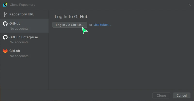 JetBrains IDE-də GitHub avtorizasiya pəncərəsi