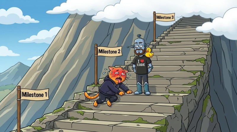 A staircase up a mountain with signposts reading Milestone 1, Milestone 2 and Milestone 3