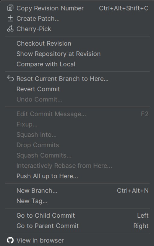 Illustration for the section "The Git Log context menu"