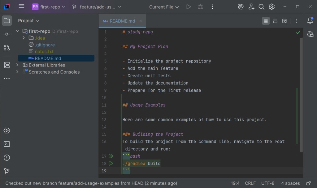 A commit in the new branch