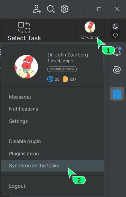 The Sync tasks item in the menu under the avatar