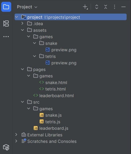 IDE-də layihə ağacı: səhifələr pages-də, skriptlər src-də, Snake və Tetris şəkilləri assets/games-dədir.