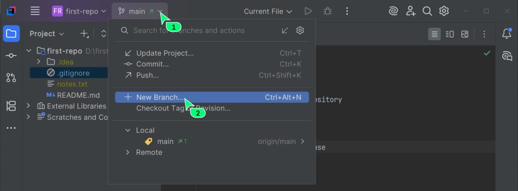 The branch widget in the top left corner
