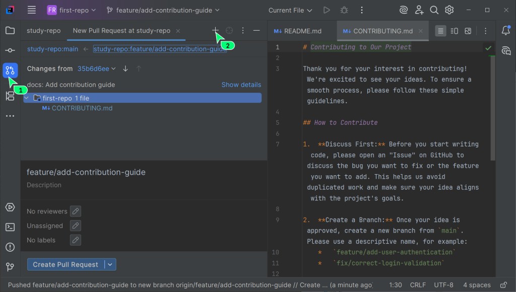 The Pull Requests tab in the IDE